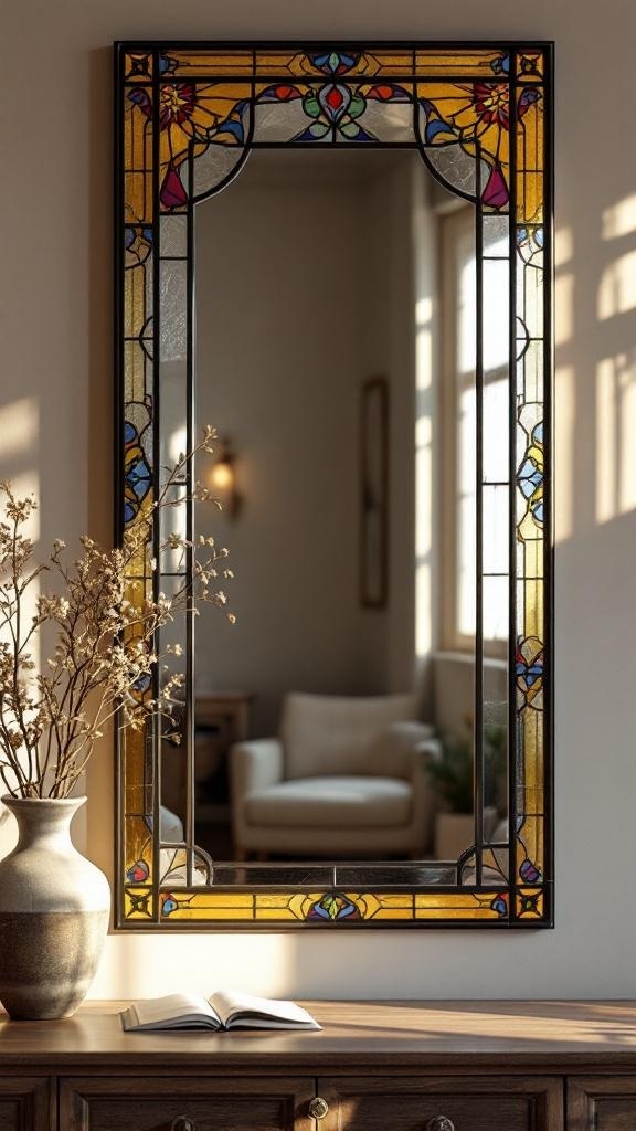A stained glass mirror with a colorful frame reflecting light in a cozy living space.