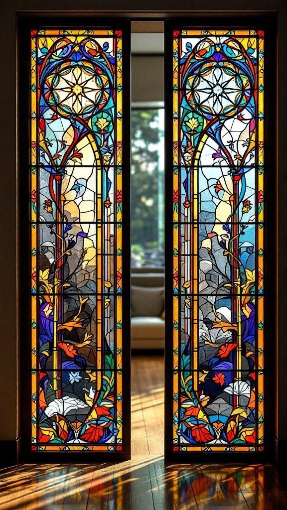 Two stained glass panels featuring floral and bird designs, acting as a room divider.