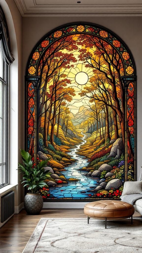 A stained glass mural depicting a river and forest in autumn colors, enhancing the interior of a living space.