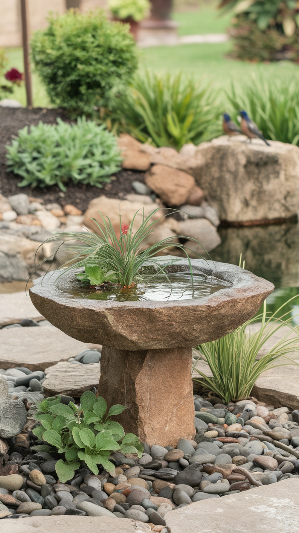 A stone birdbath surrounded by pebbles and plants in a garden setting.