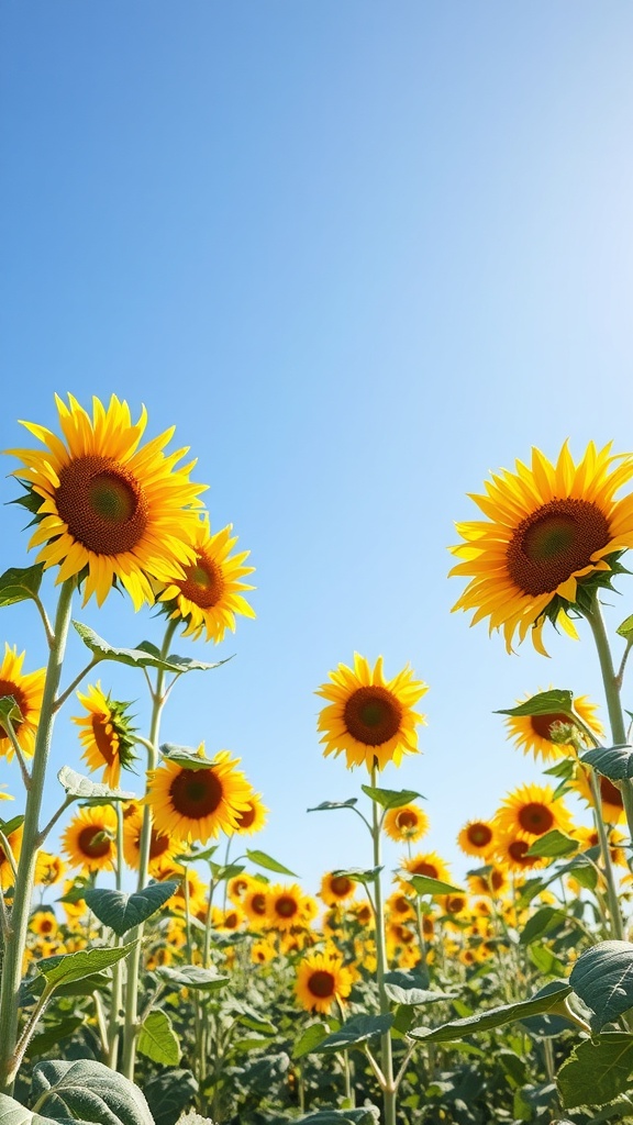 Field of sunflowers under a clear blue sky