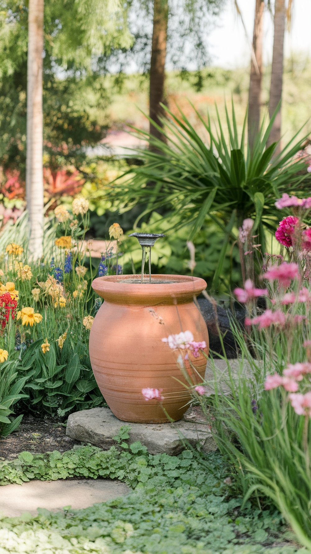 A terracotta pot birdbath surrounded by colorful flowers in a garden.