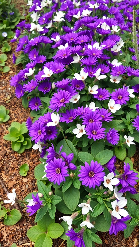 A vibrant display of purple and white Torenia flowers blooming in a garden.