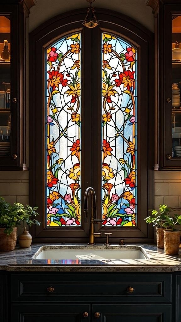 Stained glass cabinet doors with floral designs in a kitchen setting