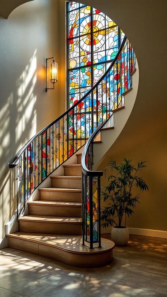 A beautifully designed staircase with stained glass railings, showcasing colorful patterns and light filtering through.