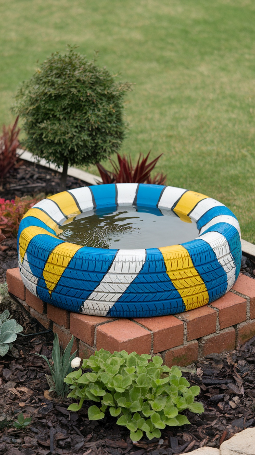 Colorful upcycled tire birdbath in a garden setting.