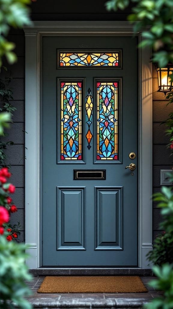 A blue door with stained glass inserts featuring colorful patterns.