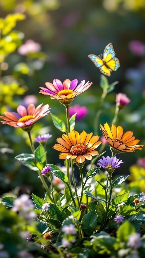 Colorful stained glass flowers in a garden with a butterfly