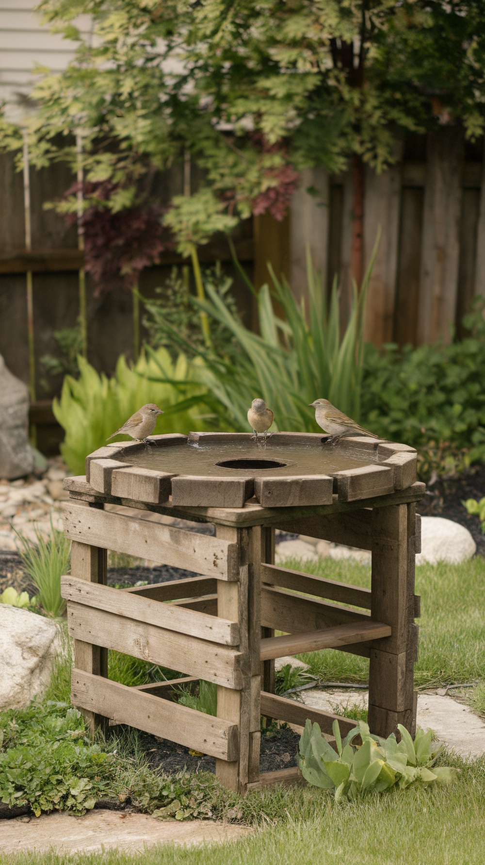 A wooden pallet birdbath with birds perched on the edge, surrounded by greenery.