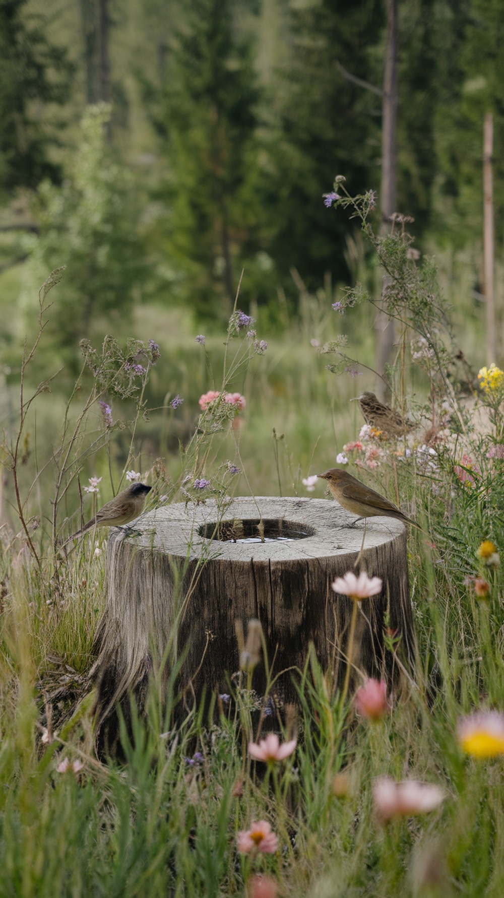 A wooden stump birdbath surrounded by wildflowers and greenery.
