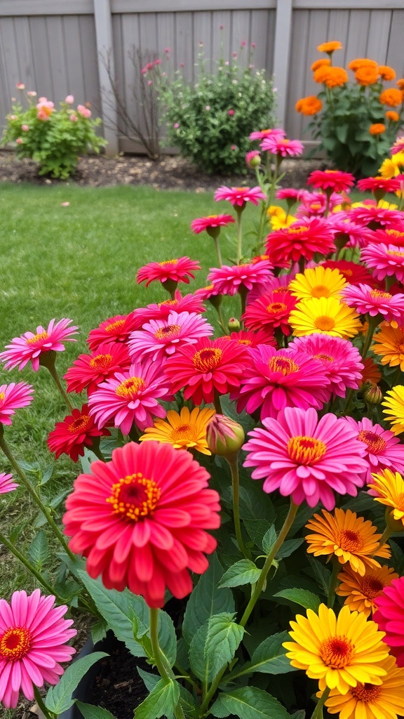 Colorful zinnias blooming in a garden.