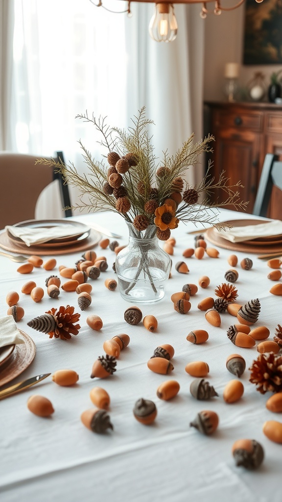 A dining table decorated with a vase of dried flowers, surrounded by acorns and pinecones.