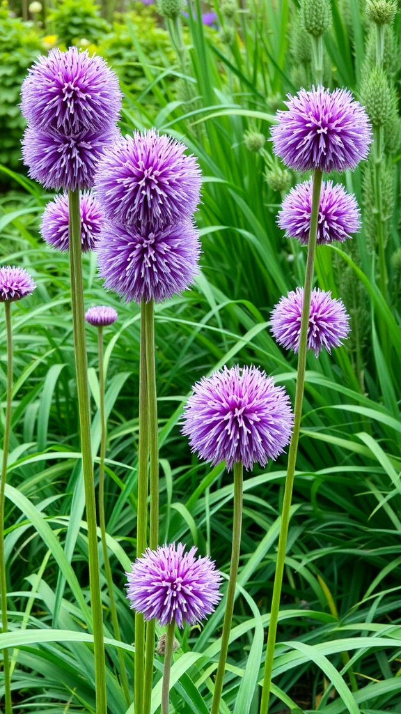 Purple allium flowers blooming in a garden