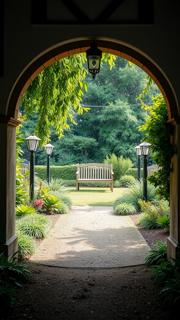 A garden pathway with an archway, leading to a bench surrounded by lush greenery.
