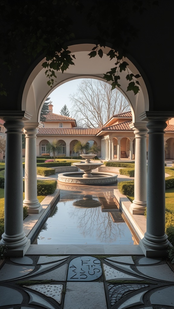 A view through an archway into a garden featuring a water fountain and manicured hedges.