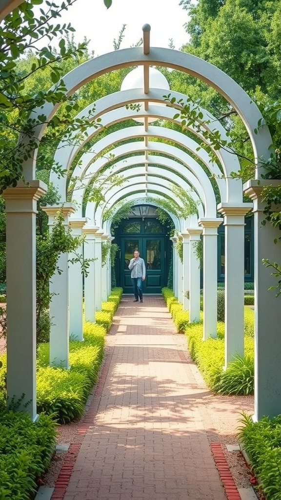 A garden pathway lined with white arches and greenery