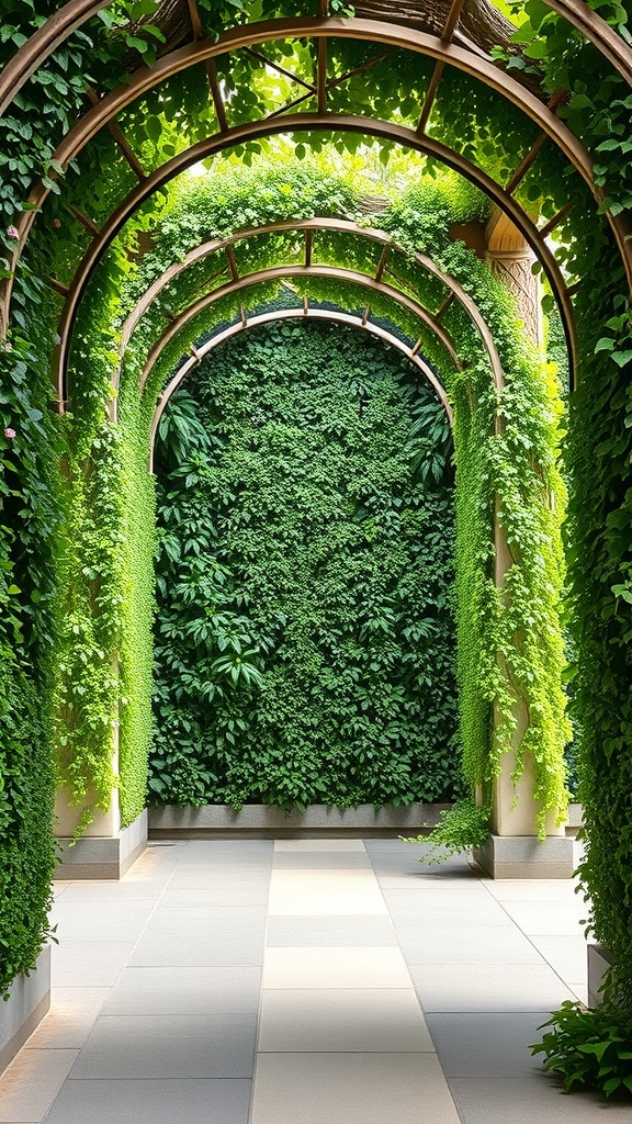 A series of arches covered in lush green plants, creating a beautiful vertical garden.