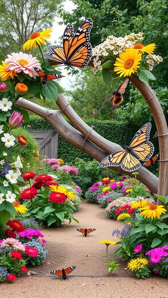 A colorful garden with an arch made of branches, adorned with flowers and butterflies.