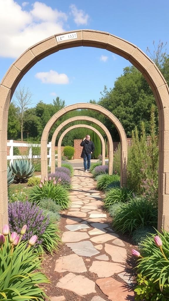 A scenic garden pathway with stone tiles and arches, surrounded by flowers and greenery.