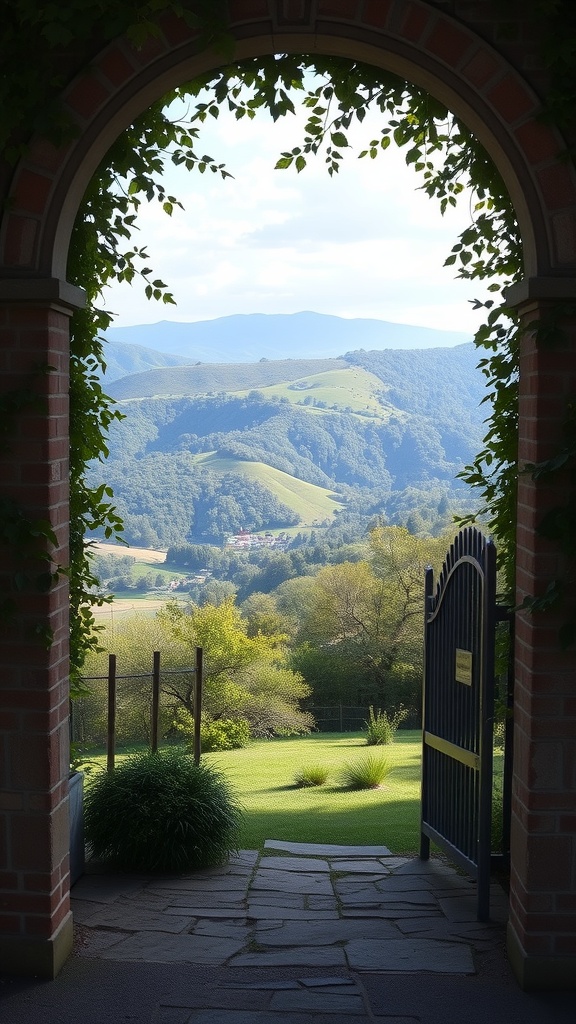 An archway covered in greenery, framing a view of rolling hills and trees.