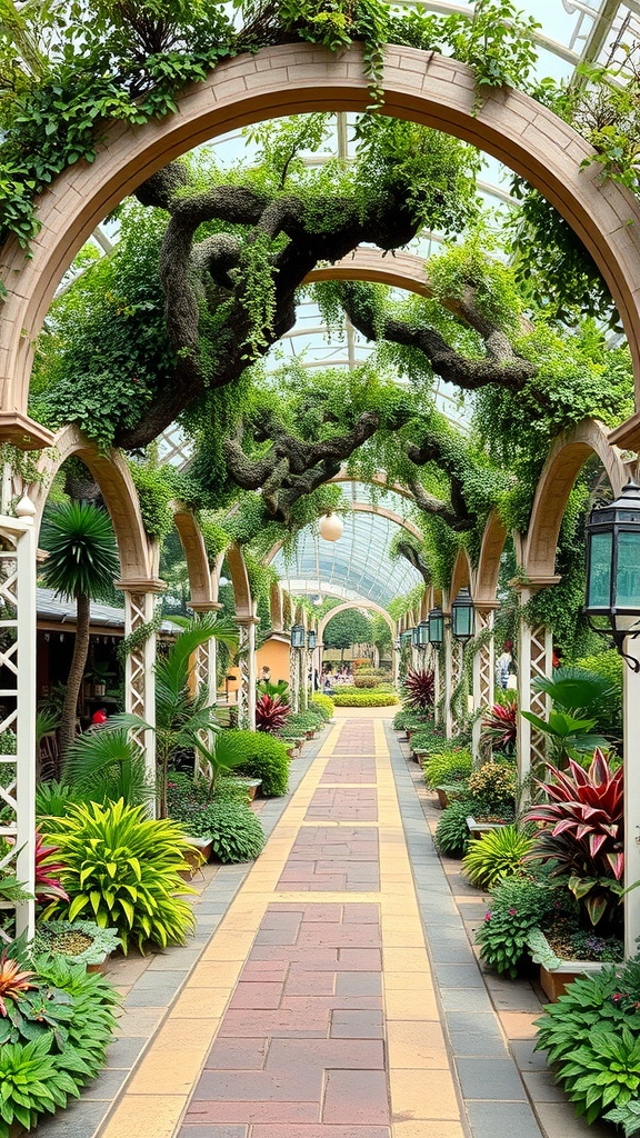 A pathway in a botanical garden lined with arches covered in greenery.