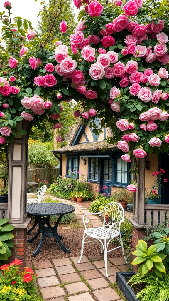A charming garden arch covered in pink roses, leading to a cozy seating area with a round table and white chair.