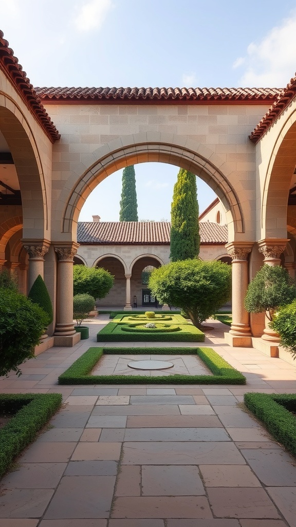 A historical garden featuring arches and neatly trimmed hedges.