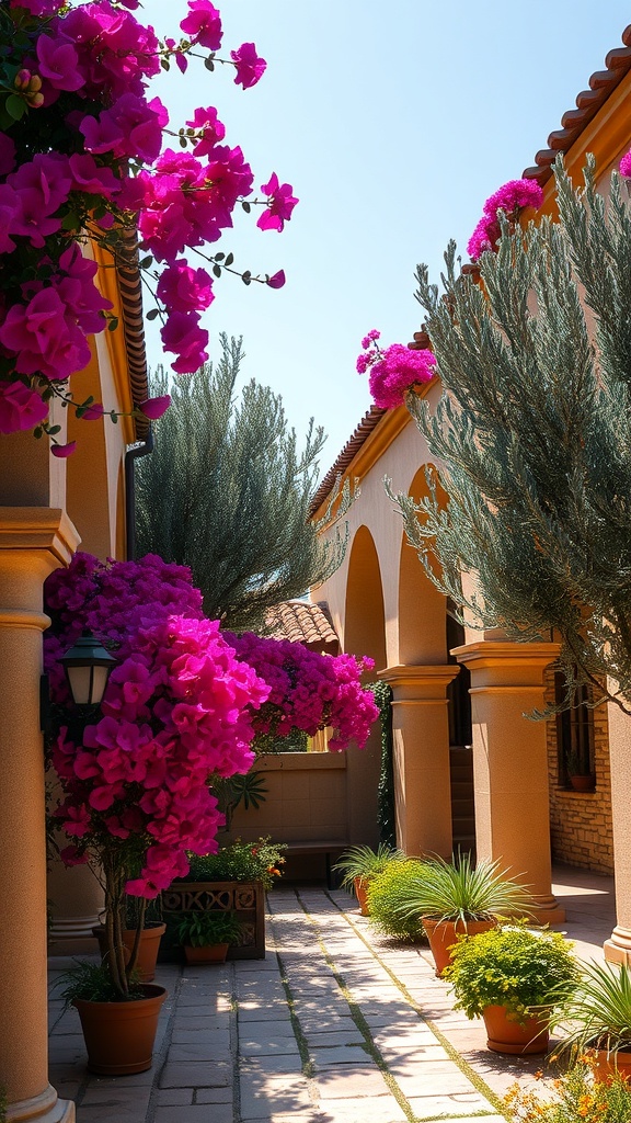 A Mediterranean garden with vibrant bougainvillea flowers draping over arches, surrounded by greenery and terracotta pots.