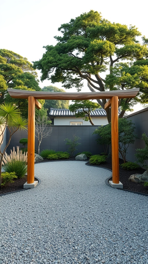 A wooden arch in a Zen garden, leading to a gravel path surrounded by greenery.