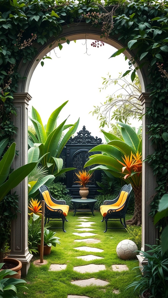 A lush garden with an archway, featuring yellow chairs, vibrant plants, and a stone pathway.