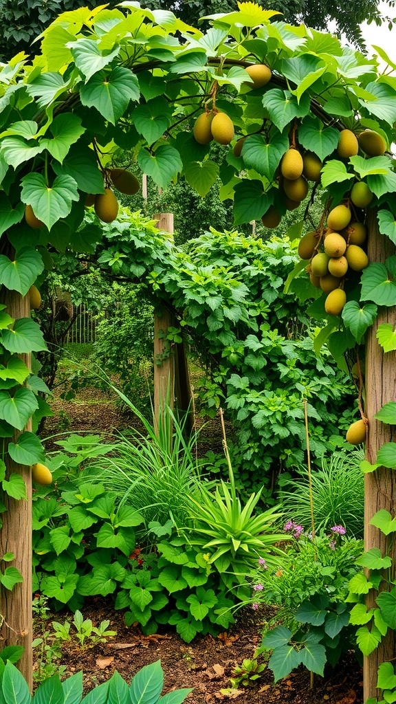 A garden arch covered with green leaves and hanging fruit, surrounded by lush plants.