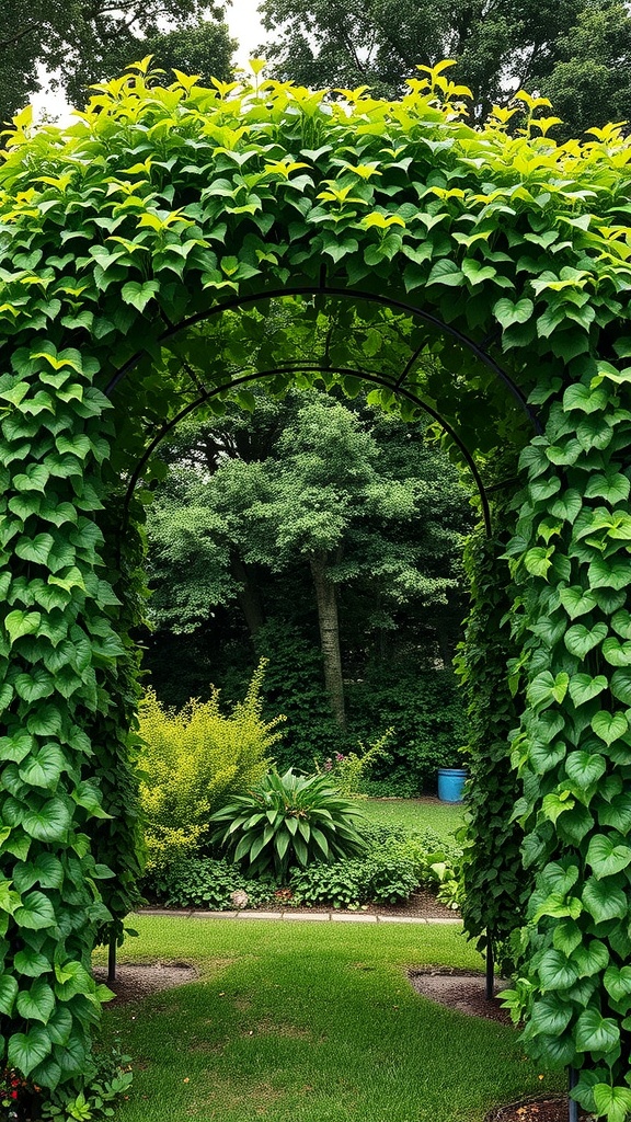 A garden arch covered in lush green climbing plants, leading to a vibrant garden area.