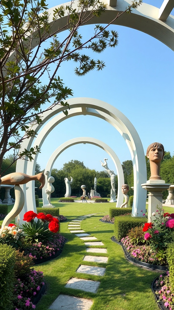 A garden featuring white arches and various art installations, including sculptures and colorful flowers.