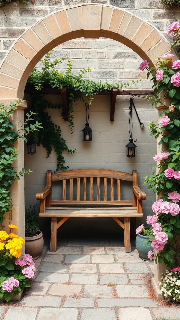A wooden garden bench under an arch, surrounded by flowers and greenery.