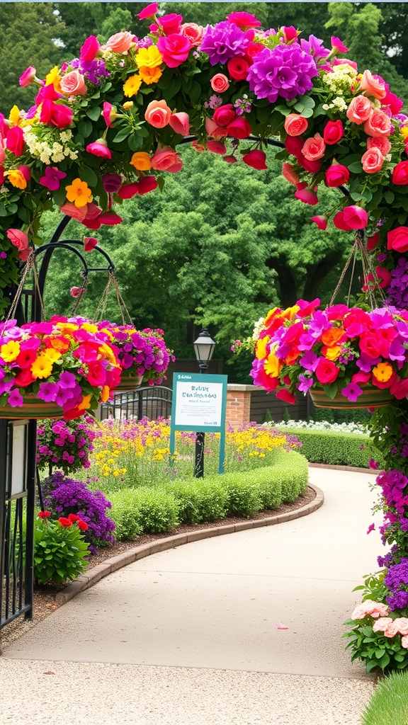 Colorful floral arch with hanging baskets in a garden