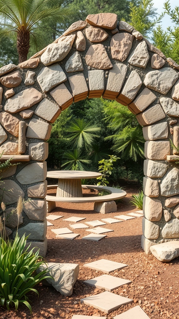A natural stone archway leading to a garden with a circular table and stepping stones