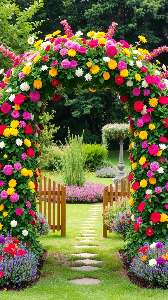 A colorful floral archway leading into a vibrant garden filled with flowers and greenery.
