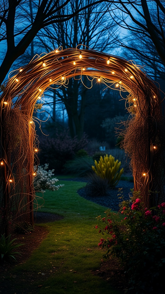 An archway in a garden illuminated with warm lights, surrounded by plants and flowers at dusk.