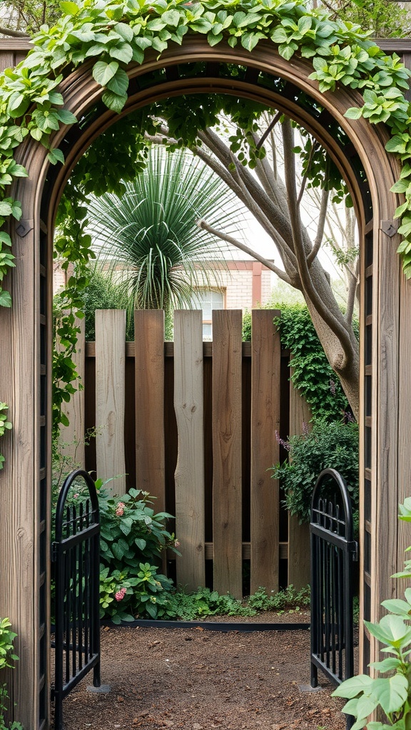 Wooden arch covered with green vines, leading to a garden with plants and a wooden fence.