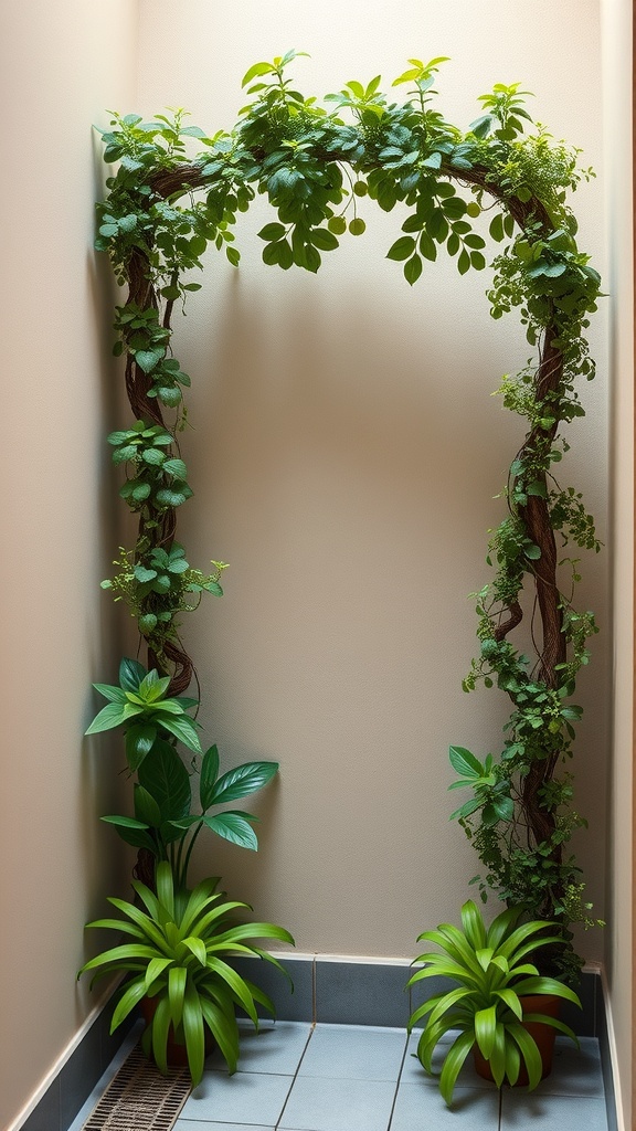 An arch covered with green plants, flanked by potted plants, creating a serene garden space.