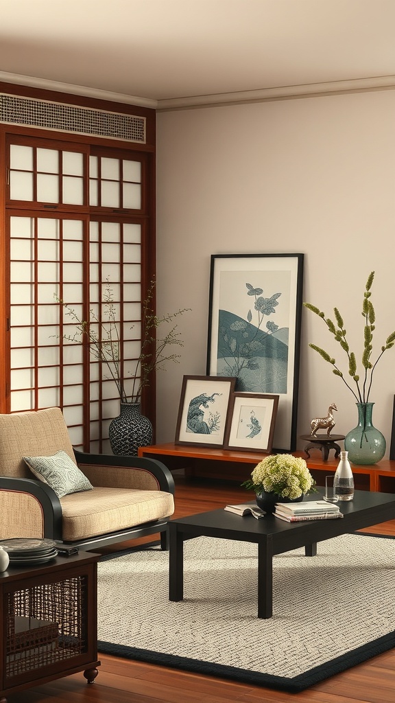 A Japanese-inspired living room featuring a cozy arrangement with decorative items, plants, and artwork.