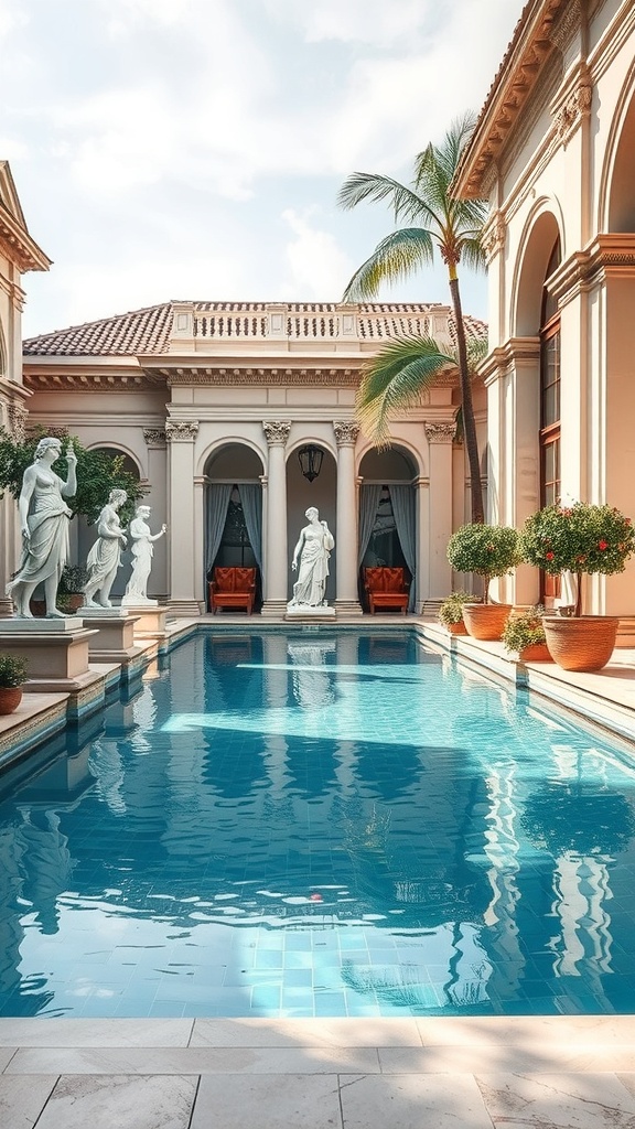 Luxury pool area with artistic statues and sculptures