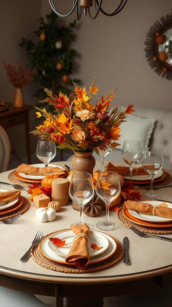 A beautifully arranged autumn-themed dining table with vibrant leaves, rustic plates, and decorative pumpkins.