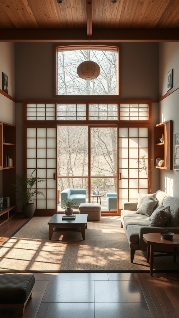 A Japanese living room with large windows, natural light, and minimalist furniture.