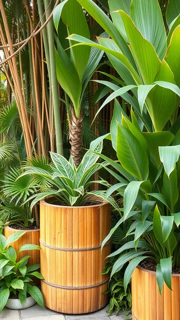 Bamboo planters with lush green plants in a tropical garden setting