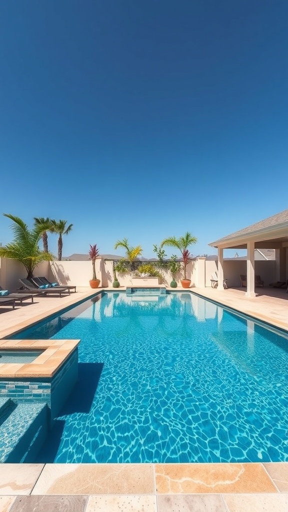A luxurious pool surrounded by palm trees and lounge chairs under a clear blue sky.