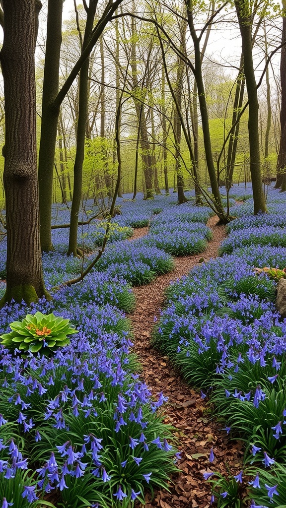 A serene woodland path lined with blooming bluebells and trees.
