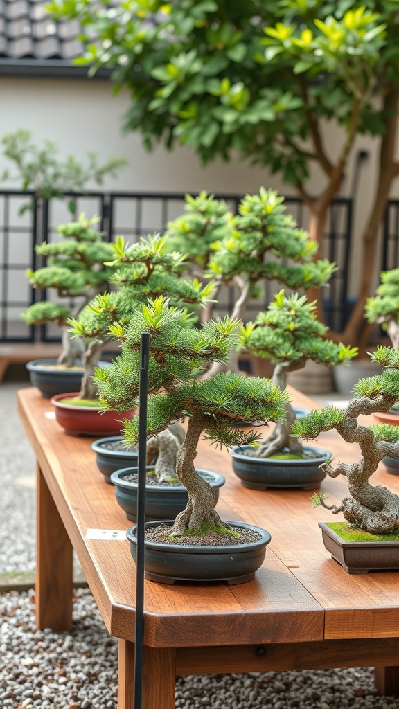 A variety of bonsai trees displayed on a wooden table in a small Japanese garden setting.