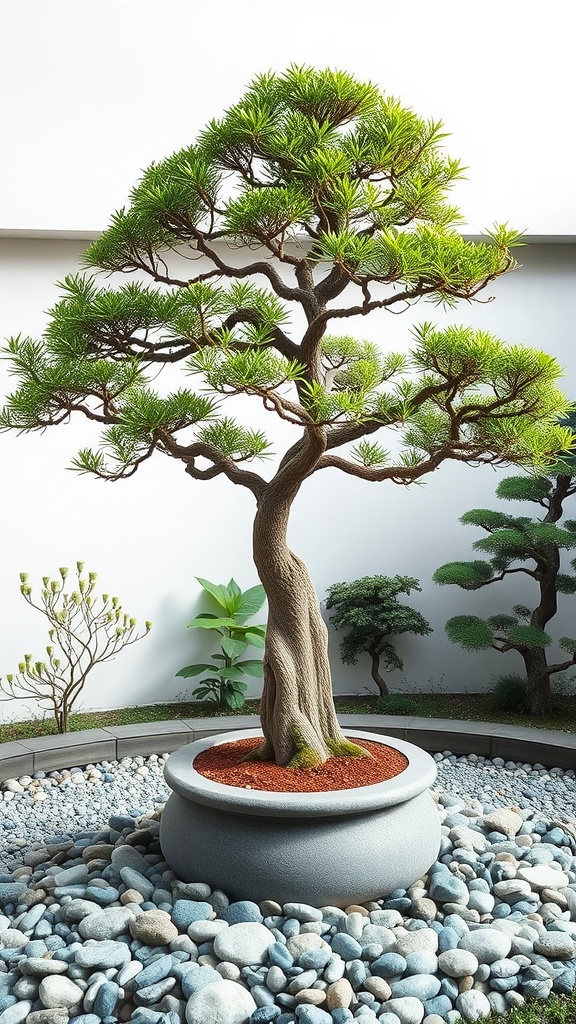 A beautifully shaped bonsai tree in a circular pot surrounded by smooth stones in a modern Japanese garden.