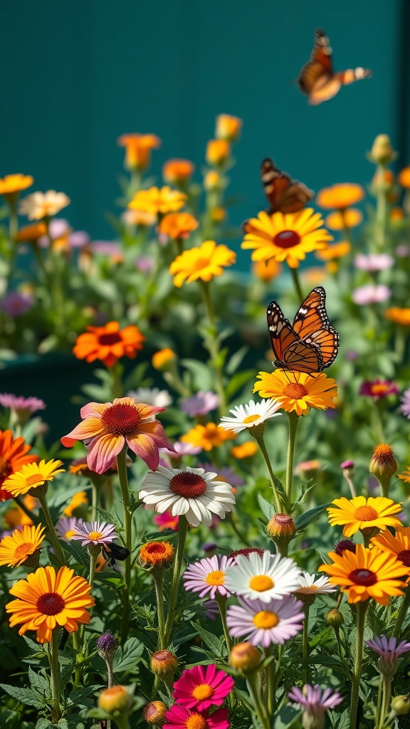 A colorful garden filled with flowers and butterflies
